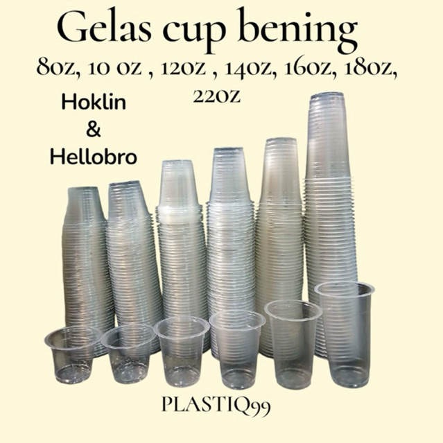 50 pcs Gelas Plastik Datar Gelas Cup Bening 8oz-22oz