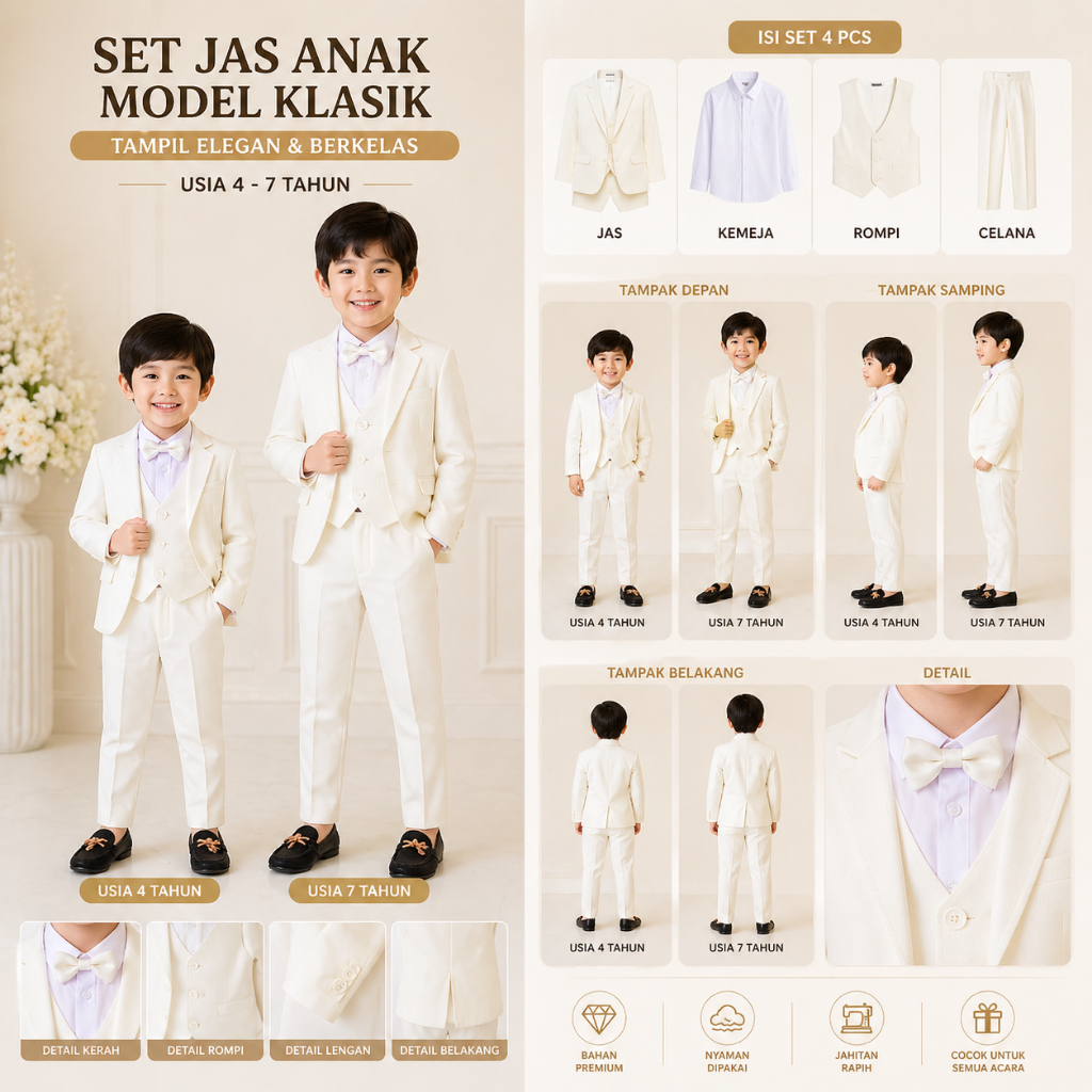 Set Jas Anak Laki PUTIH Broken White Usia 2 3 4 5 6 Tahun Dasi Kupu - Setelan Tuxedo Resmi Anak Cowo