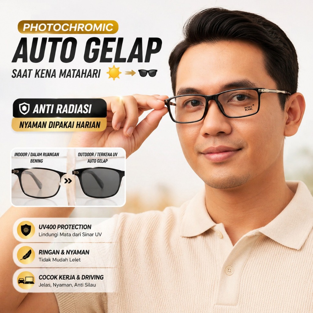 Kacamata Minus Photochromic Anti Radiasi Pria Frame MONT BLANC Elegan Kaca Mata Min Cowok