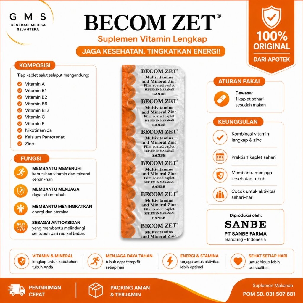 Multivitamin Becom-Zet 1 Strip 10 Kaplet - Suplemen Vitamin B, C, E, dan Zinc