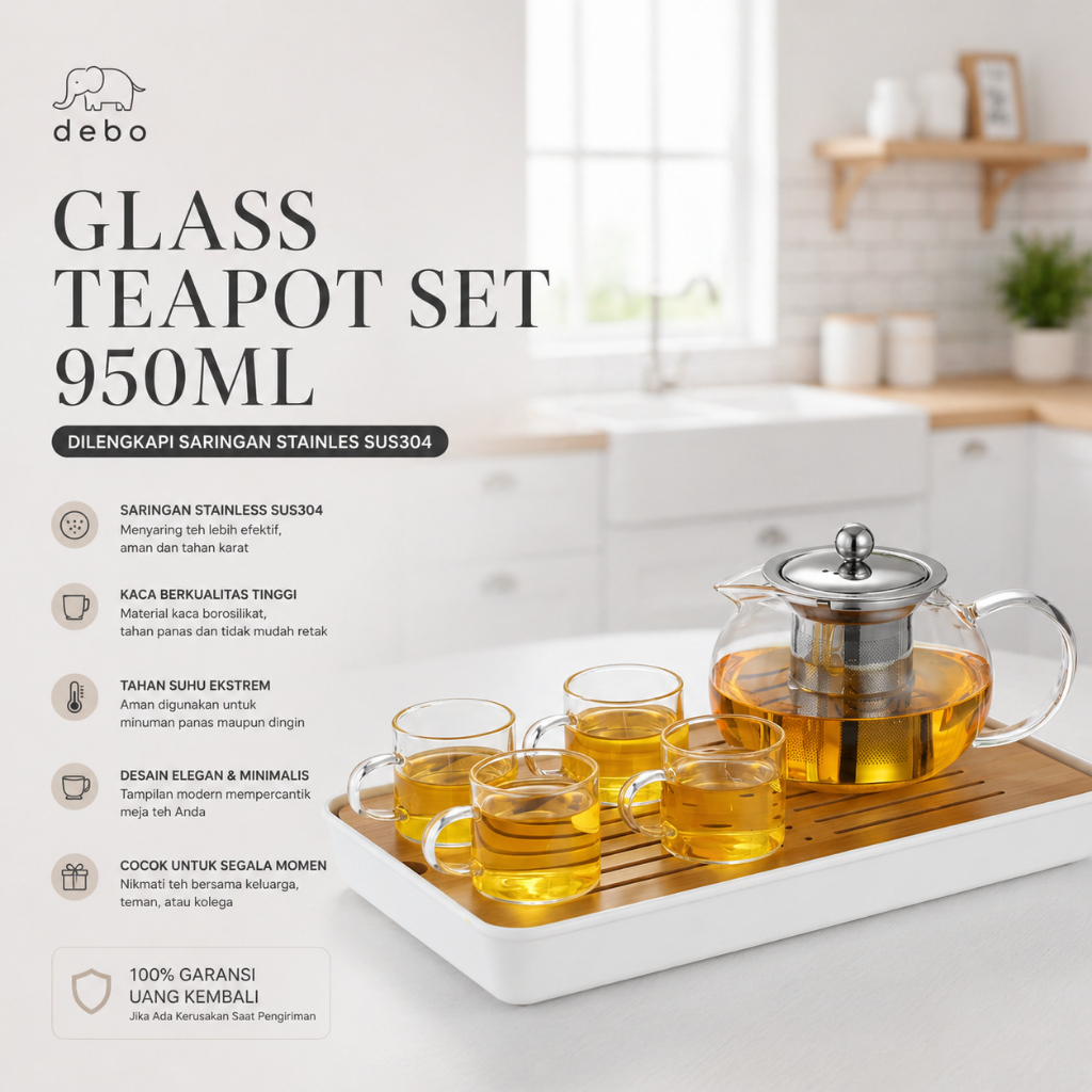 DEBO Teko Teh Kaca Estetik Glass Teapot 4Pcs Gelas Tahan Panas Api Kompor