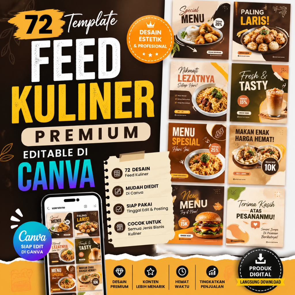 72 Template Feed Instagram Premium Editable Canva | Desain Bisnis Kuliner