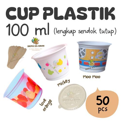 Paket Cup Es Krim Puding Jelly Agar-agar Plastik 100 ml Motif Printing (lengkap Sendok Tutup Murah 1