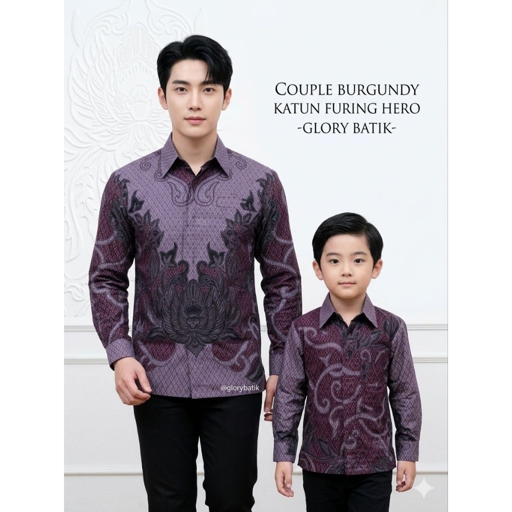 Batik Couple Ayah Anak Burgundy Ungu Katun Solo Premium | Kemeja Batik Bapak Anak laki laki | Atasan