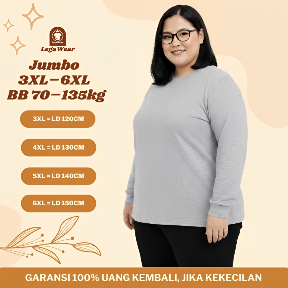 Kaos Oversize Wanita Longsleeve Loose Jumbo LD 120 130 140 150 Adem Polos Abu