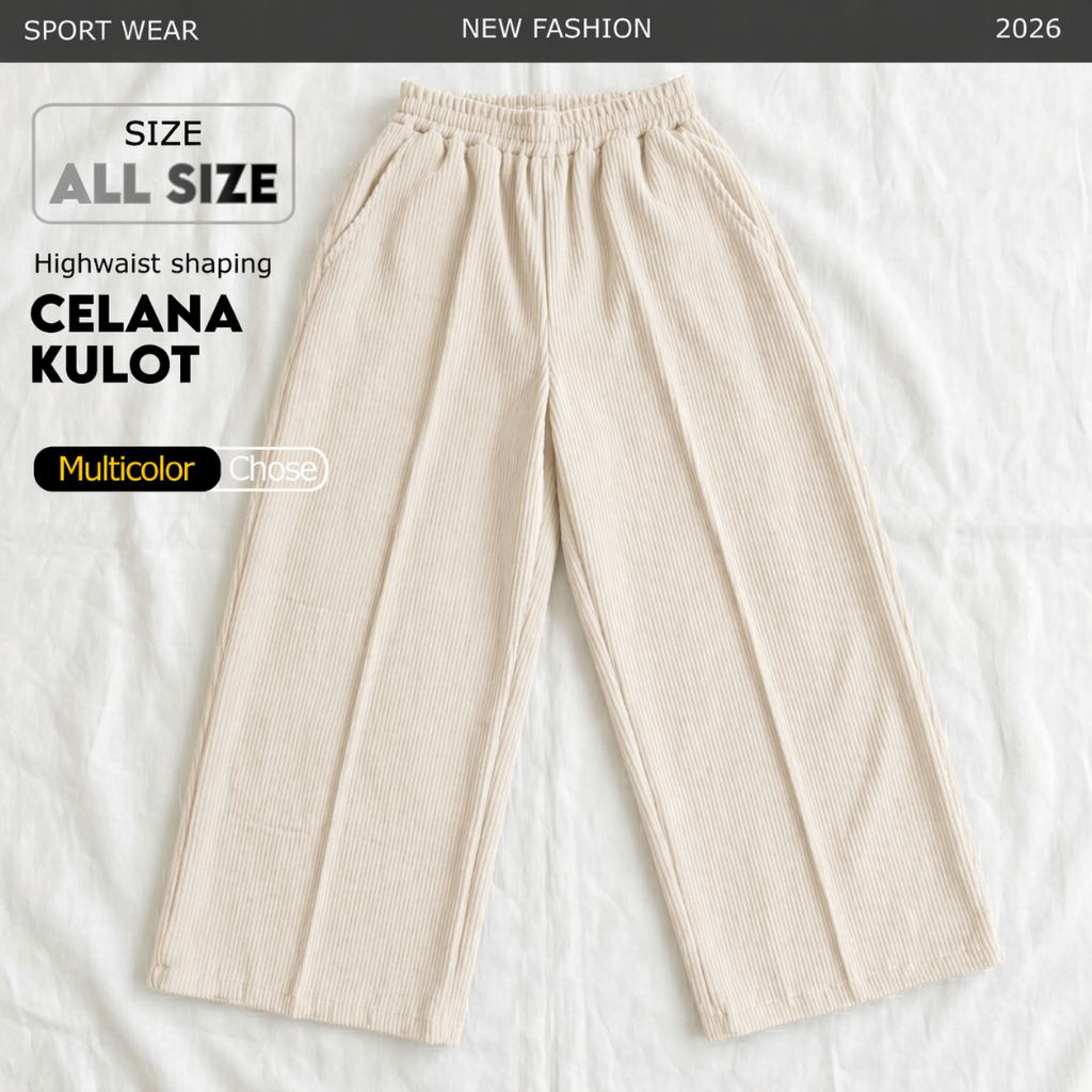 Amused - Celana Kulot Wanita Cream Highwaist Premium - Scuba Knit Salur Tebal Adem Elegant