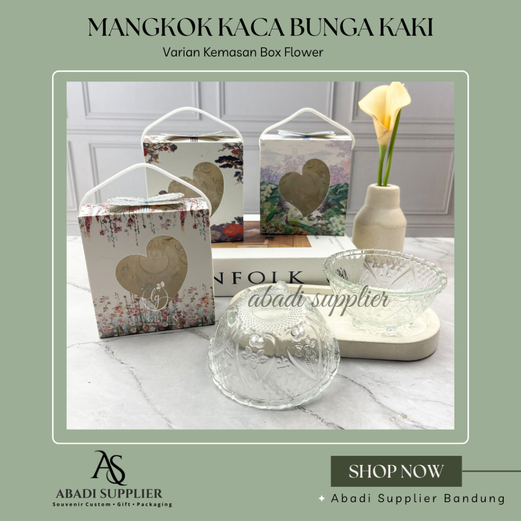 Souvenir Mangkok Kaca Bunga Kaki Kemasan Box Flower