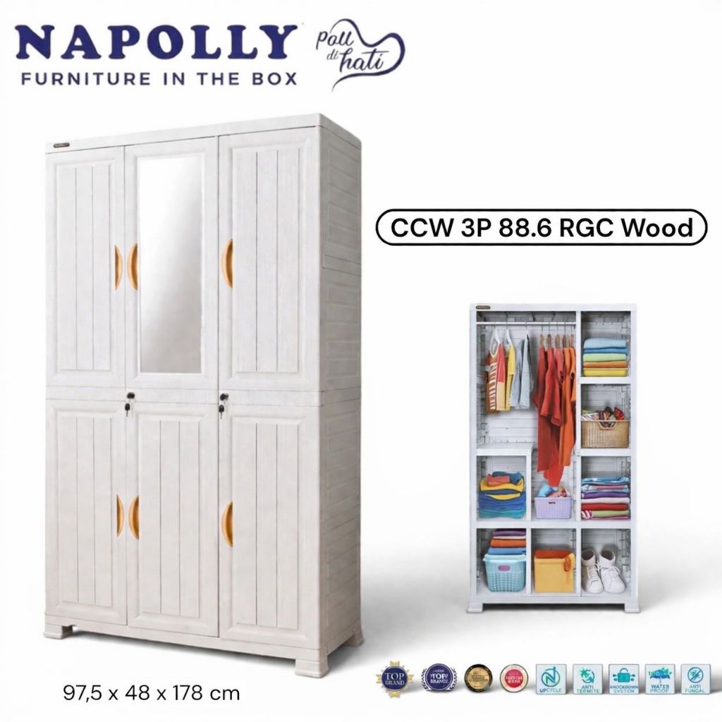 CCW 88.6 RGC Wood - Lemari Pakaian Napolly 3 Pintu Jumbo Kaca / Lemari Plastik Napolly / Rak Baju / 