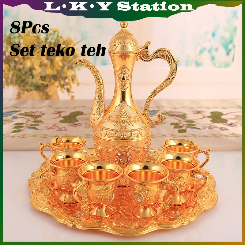 Set Peralatan Teh Berlapis Emas Gaya Aladdin Arab 8 Potong: Set Dekorasi Rumah Mewah dengan Teko Ber