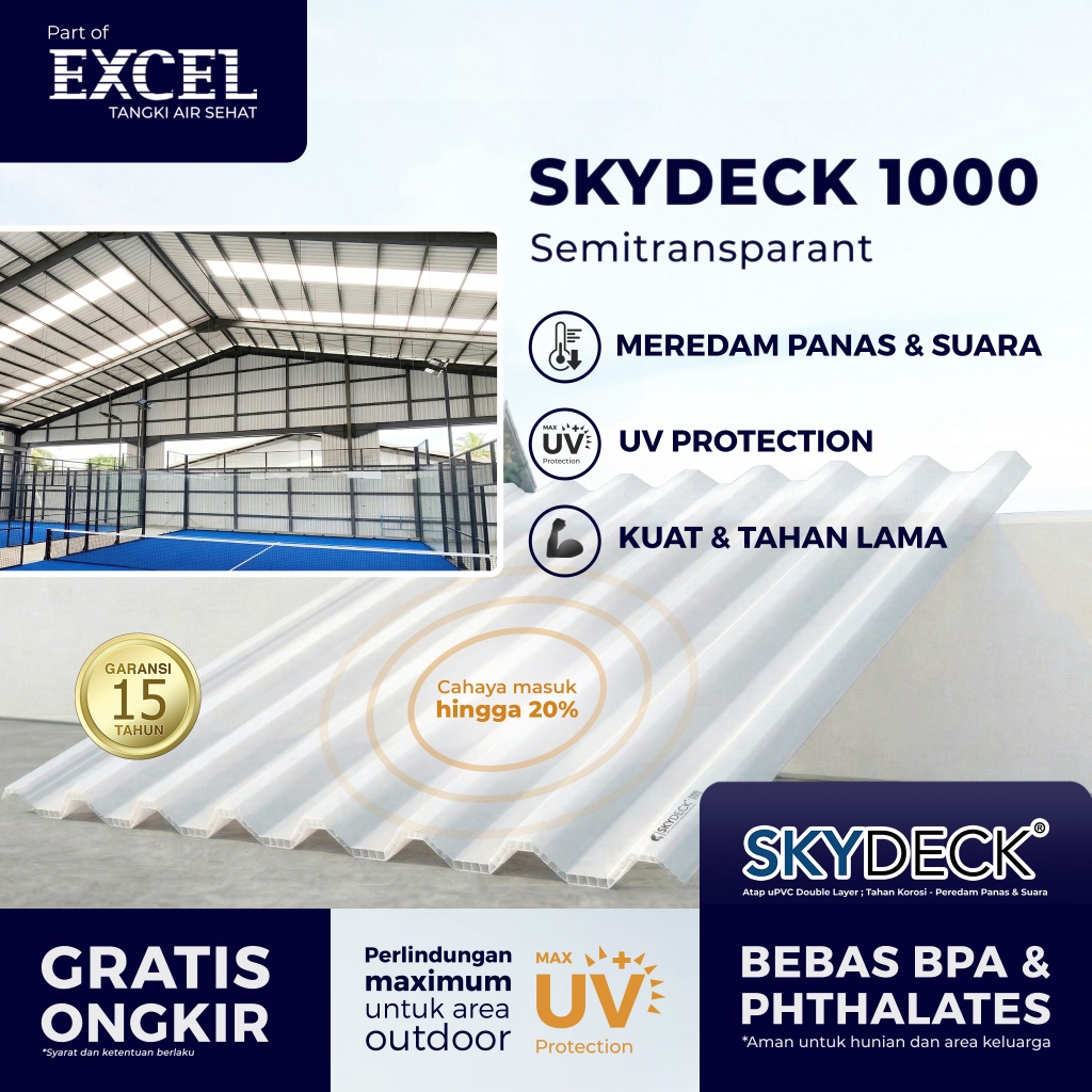 Atap uPVC SKYDECK 1000 Double Layer 12mm – Translucent - Atap Dingin Anti Bocor, Peredam Panas & Sua
