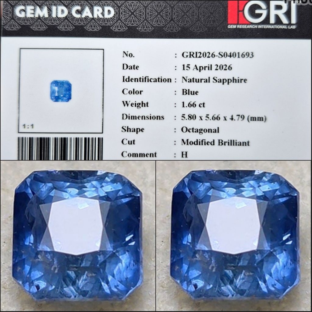 Natural Blue Sapphire 1.66 crt Ceylon Srilanka Memo GRI Lab