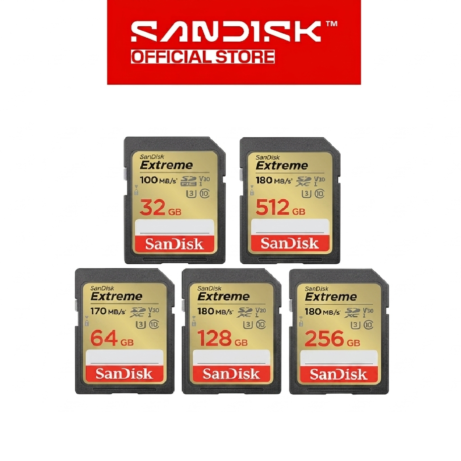 SANDISK SDHC / SDXC Card Extreme 32GB / 64GB / 128GB / 256GB / 512GB UHS-I Class 10 U3 V30 4K