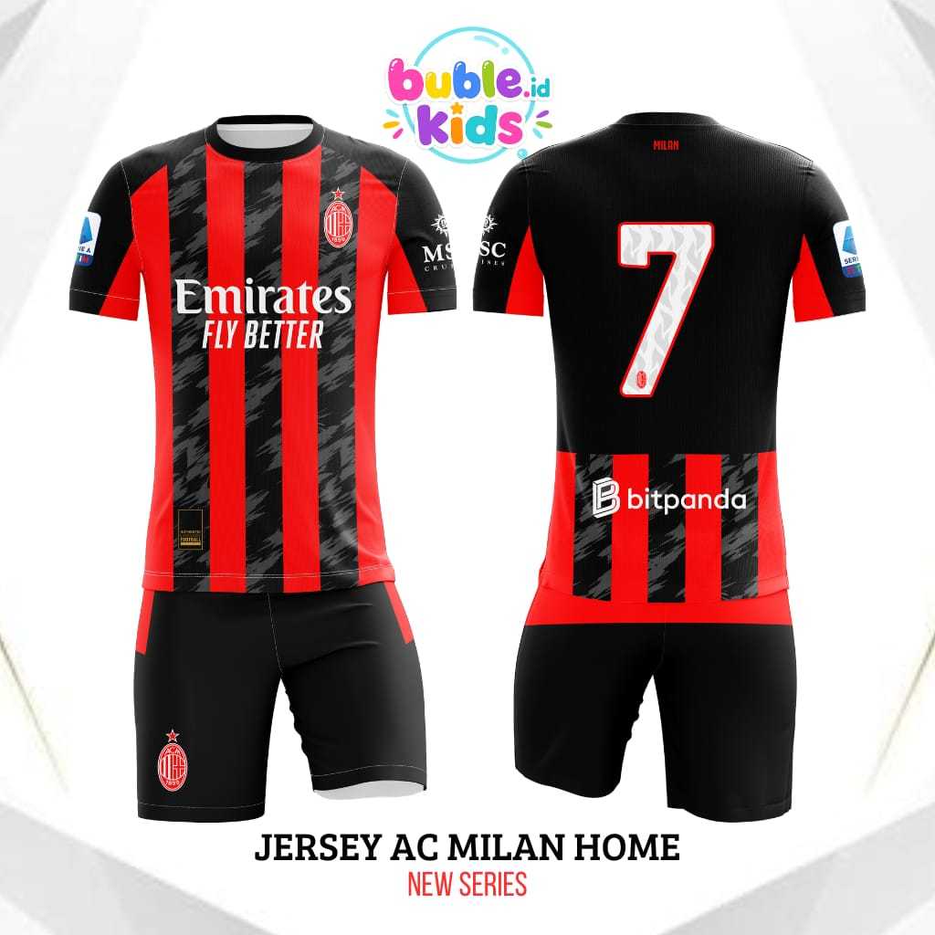 Setelan baju olahraga anak | kaos bola anak | jersey futsal anak | jersey AC MILAN 24-25 home | terb