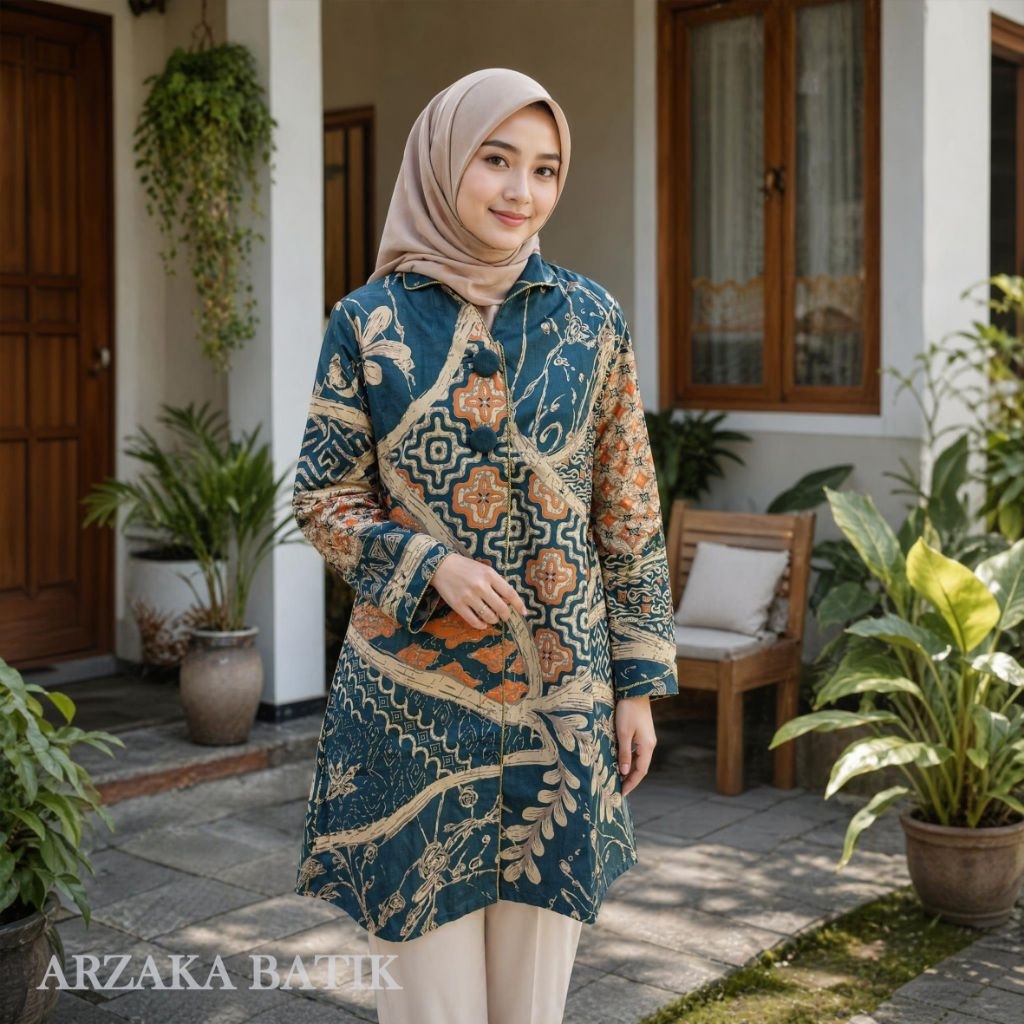 Batik couple Cowok dan cewek tunik abstrak hijau emerald terakota furing trikor