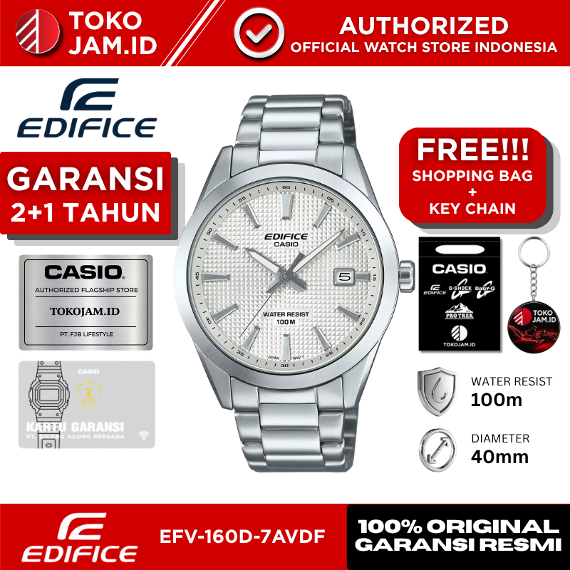 Jam Tangan Pria Casio Edifice EFV-160D-7AVDF Original Analog Silver Stainless Steel White Dial Date 