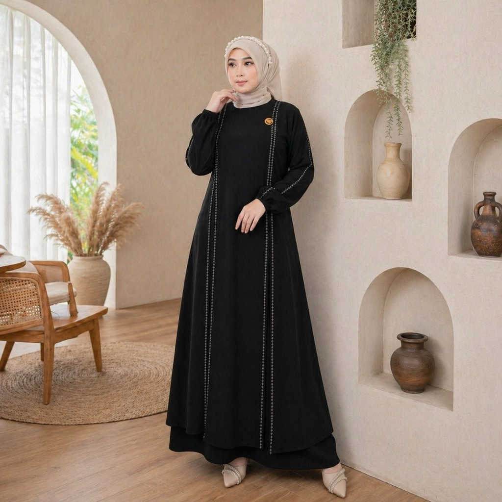 Zelline Collection - Gamis Abaya Safira Polos Model Payet Bahan Cringkle Premium Terbaru