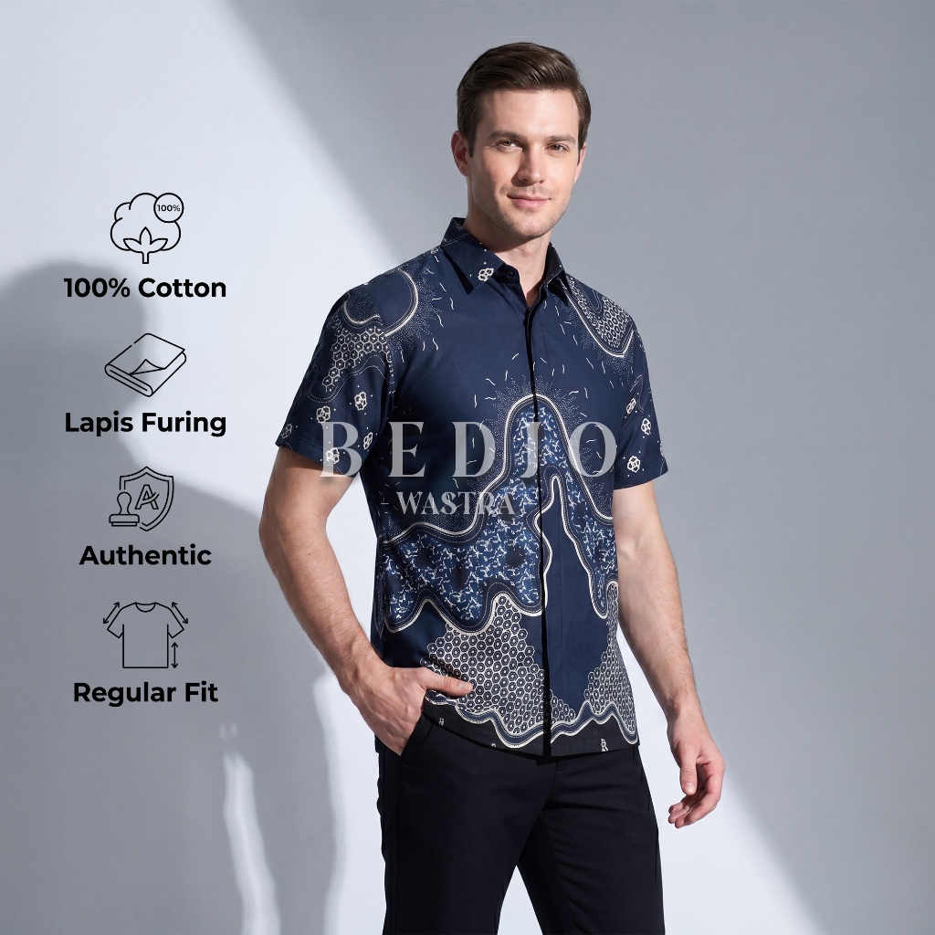 kemeja batik pria lapis furing lengan panjang batik pria anak muda premium katun halus Biru Navy Blu