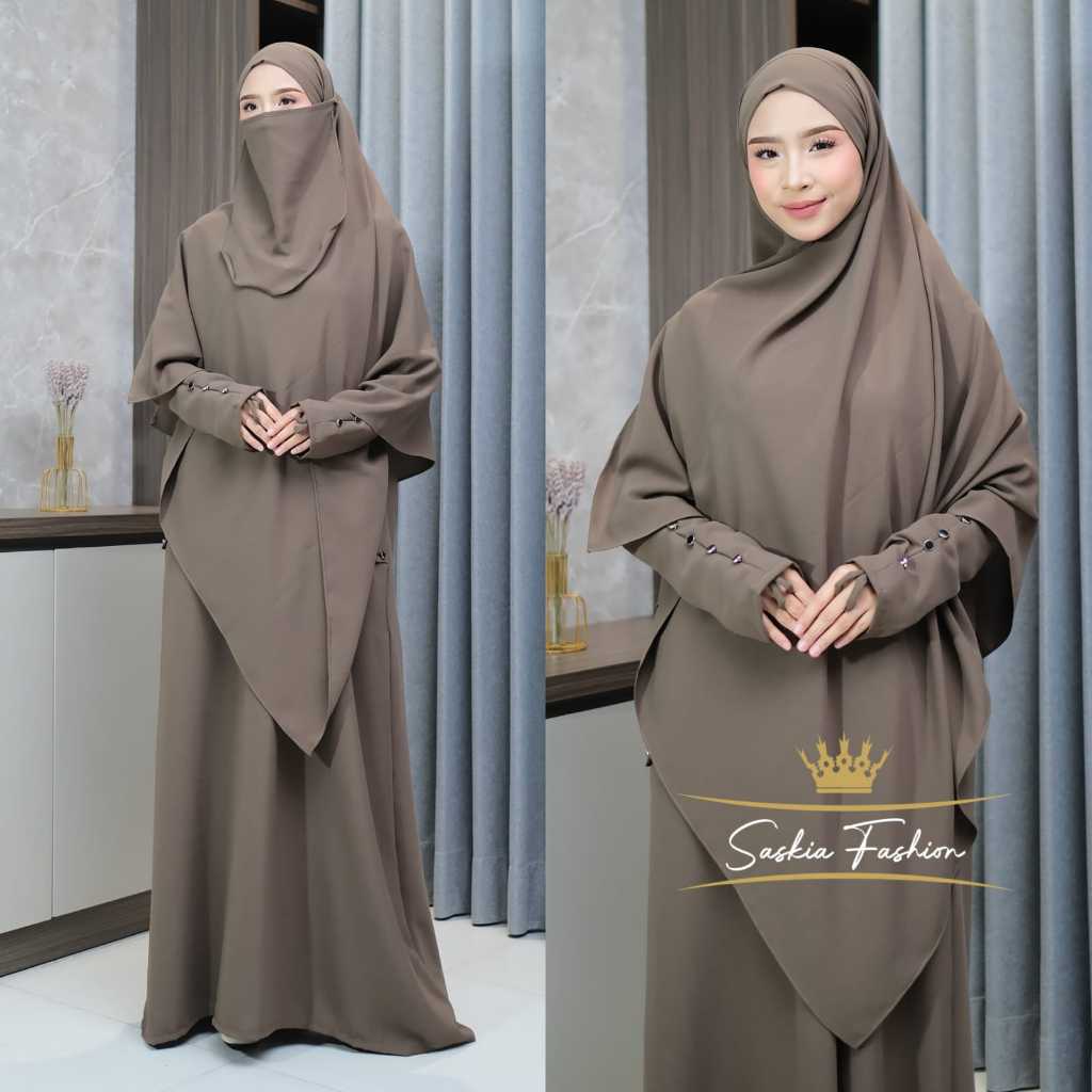 Abaya Fatimah Gamis Syar'i Muslimah  Set Fench Khimar Bandana  Sabrina Anti Uv Terbaru Terlaris dish