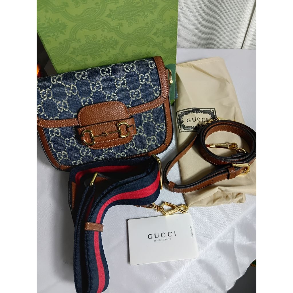 Gucci Horsebit 1955 Mini Monogram Denim and Leather Mirror Premium