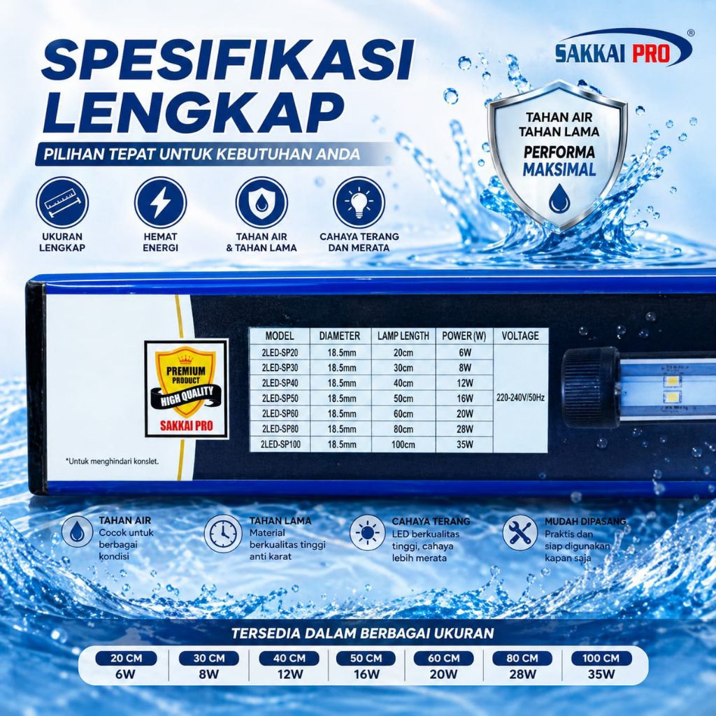 Lampu Celup LED Aquarium SAKKAI PRO T4 2LED SP60 SP80 SP100 3X