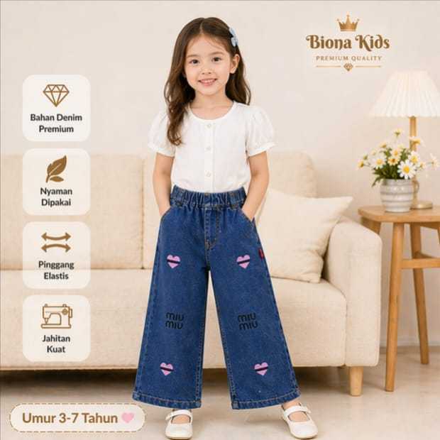 2-7 tahun Celena jeans Kulot anak peremuan Love Miu cantik, bahan stretch denim pinggang elstis #cel