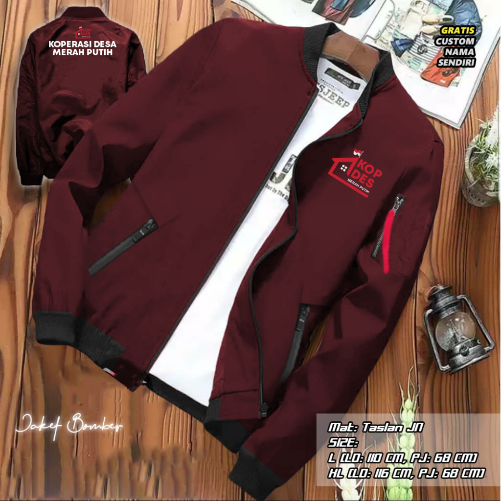 JAKET BOMBER KOPDES MERAH PUTIH BAHAN PARASUT / KOPERSI DESA MERAH PUTIH JAKET KEREN / FREE CUSTOM S