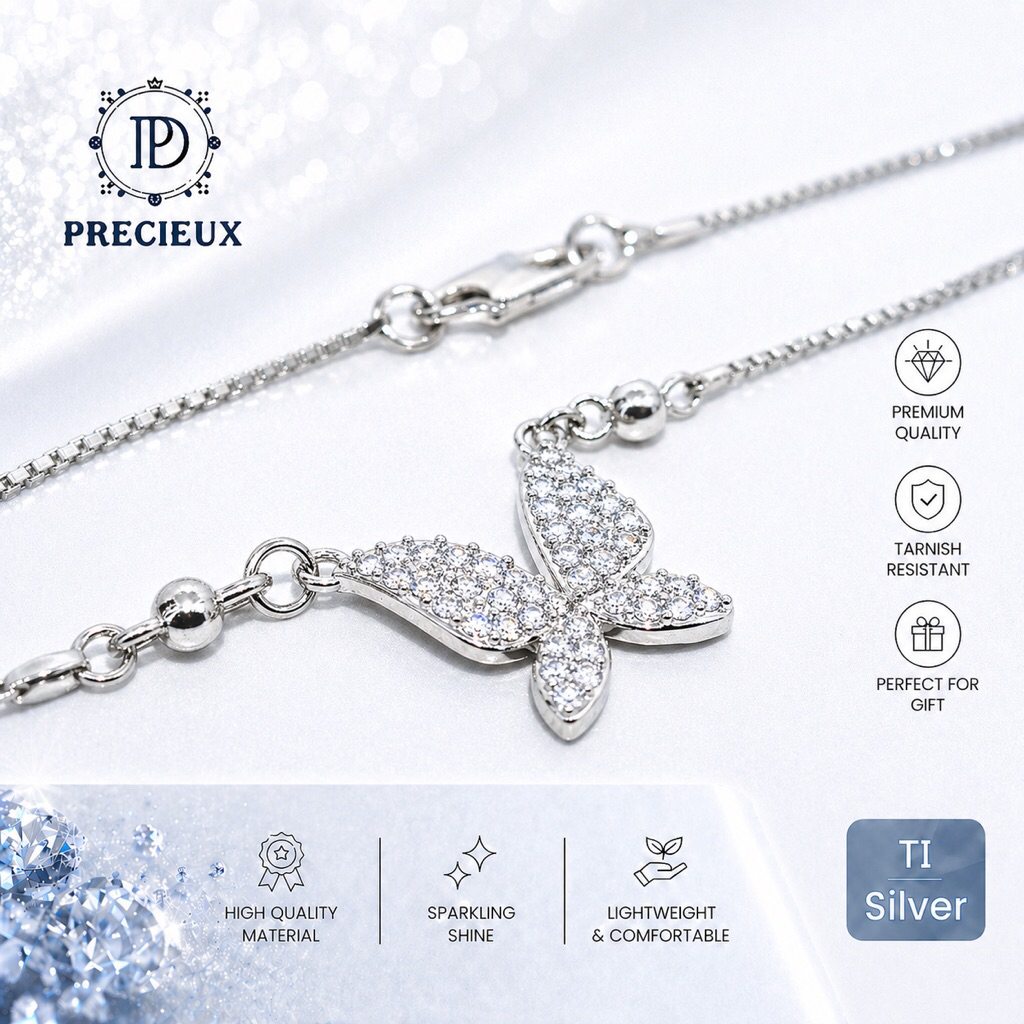 Kalung Titanium Wanita Premium Luxury Rhodium Ion Plated Silver Butterfly Titanium Necklace "Precieu