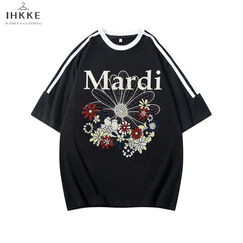 IHKKE Kaos Stripe Wanita | Korean Style Daisy Kecil Cetak Pola Graffiti T shirt | Kaos Mardi Origina