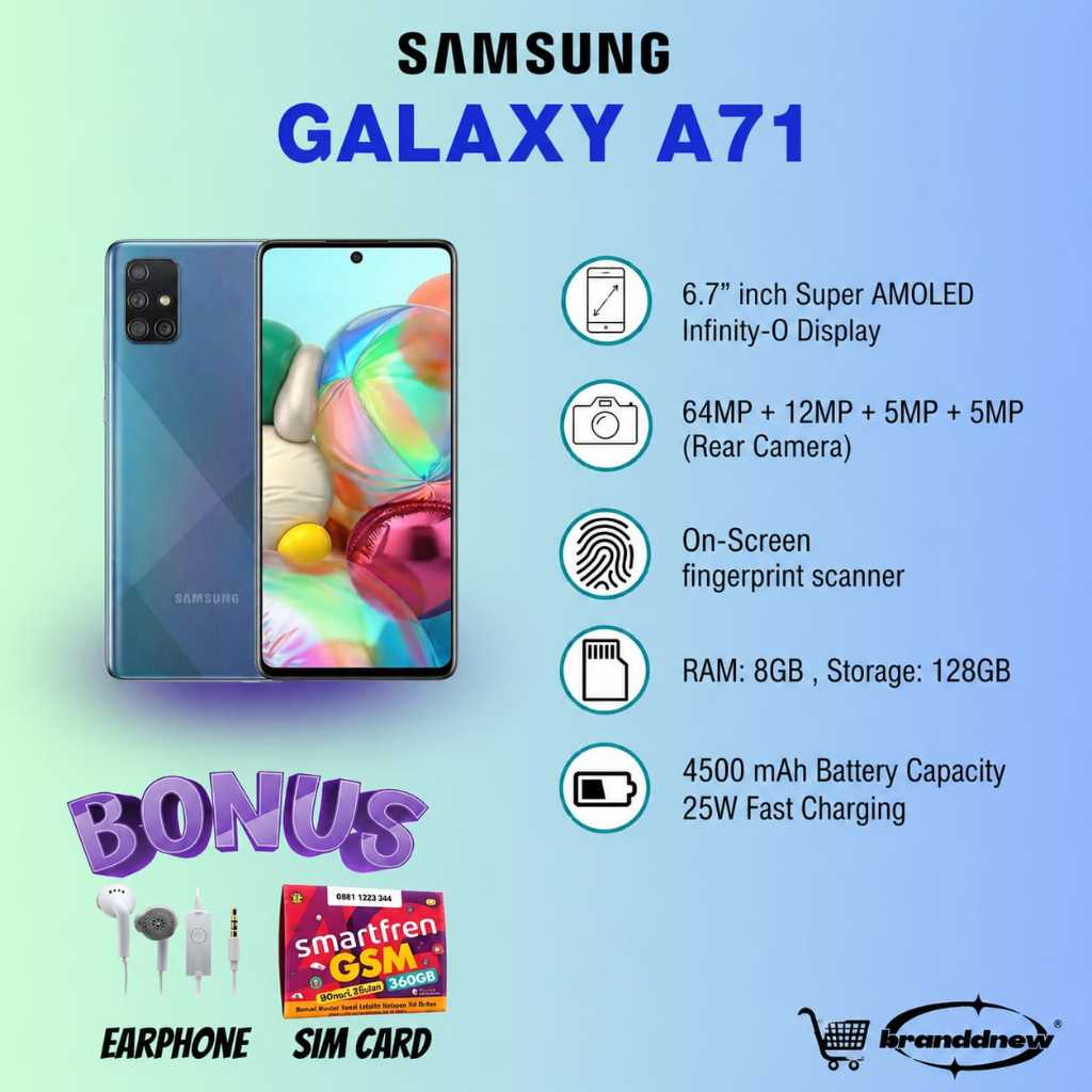 HP SAMSUNG GALAXY A71 8GB/128GB GARANSI RESMI dan Extra Bonus