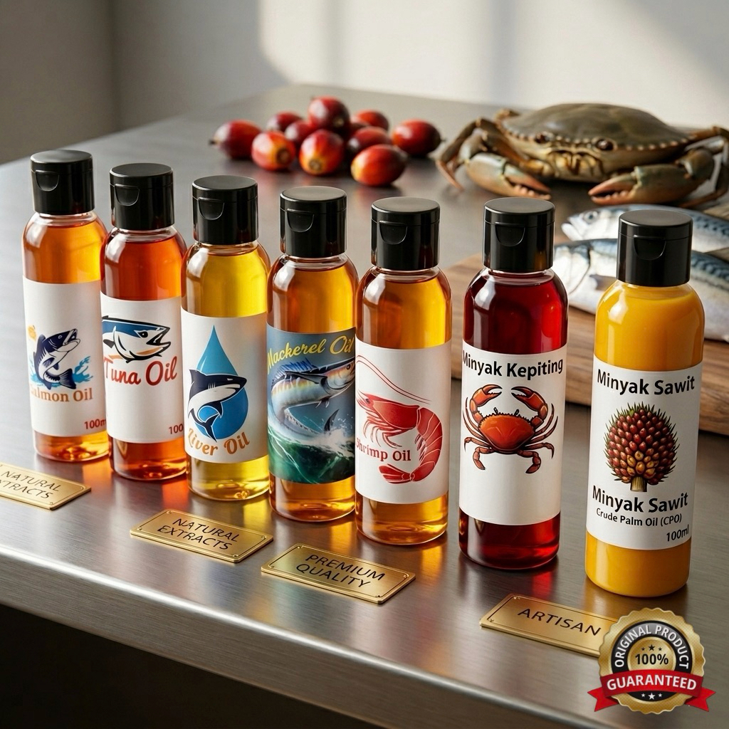 minyak ikan murni salmon 60ml & 100ml tenggiri nila tuna hiu udang kepitng kelapa sawit merah cpo um