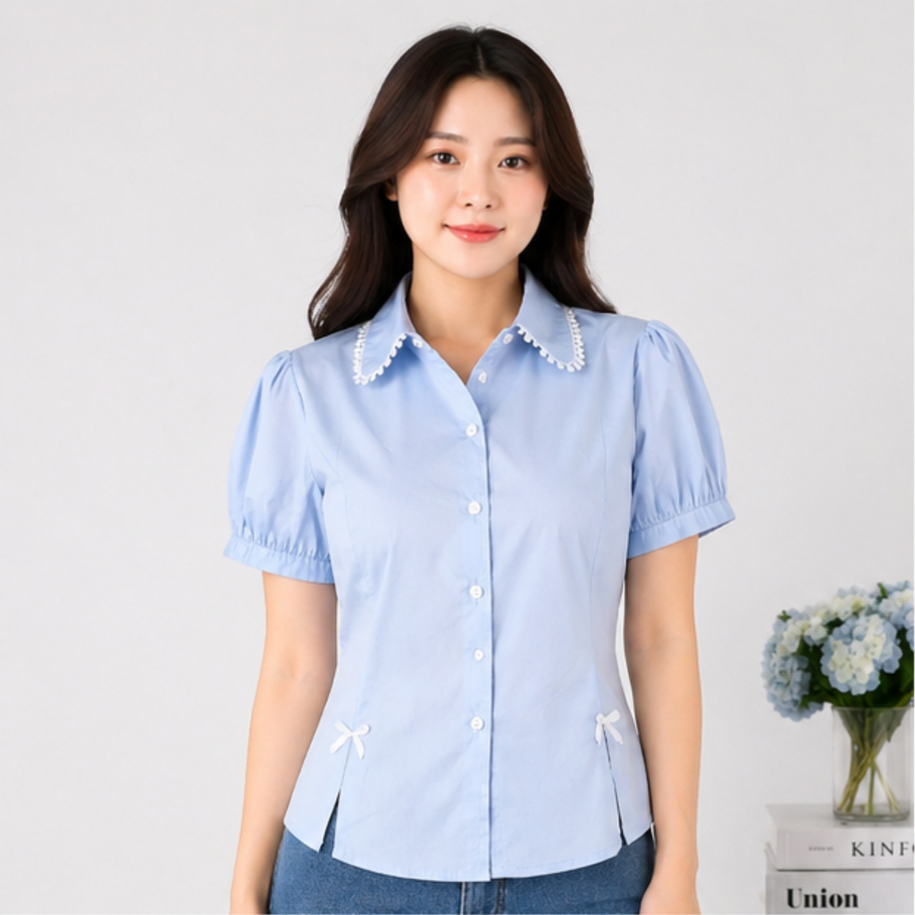 Blouse Wanita Katun Poplin Korea Lengan Pendek – Kemeja Cewek Kekinian Kerah renda Mutiara Slim Fit