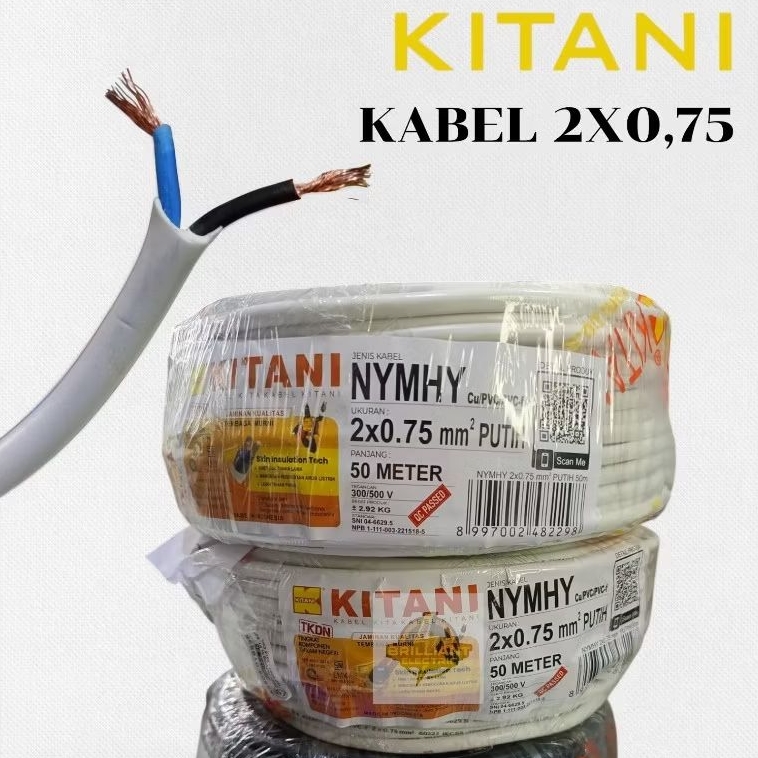 Kabel Listrik Tembaga Serabut KITANI NYMHY 2×0.75 mm²  50 Meter/ 1 Roll