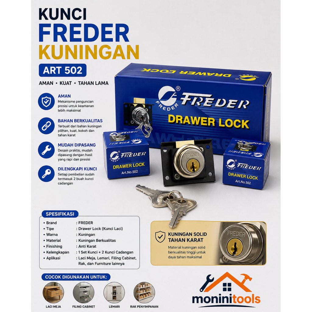 {Per Lusin} Kunci Laci Freder Type 101 502 508 Drawer Lock Lemari Meja Kunci Laci Besi Isi 12pcs