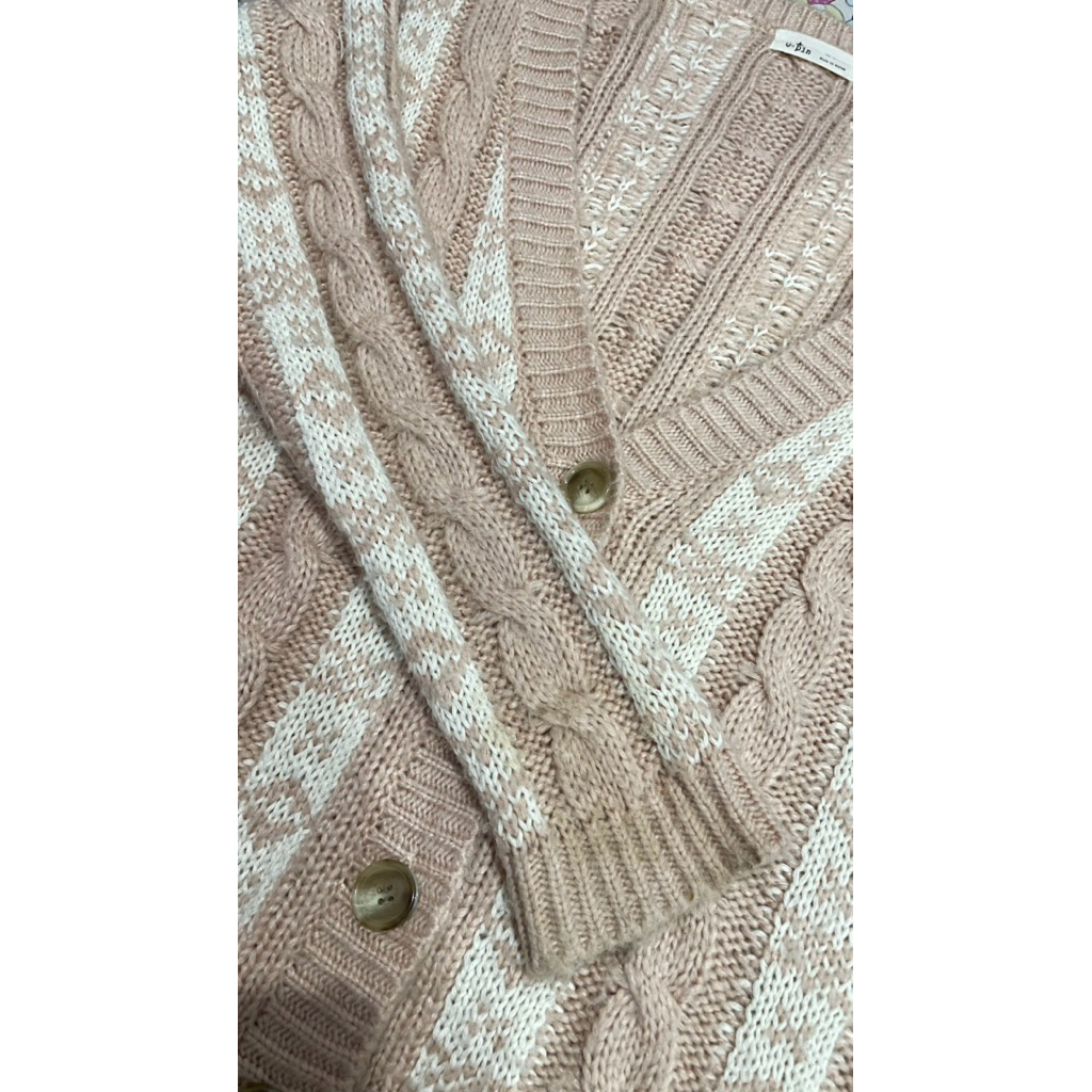 C&G - Preloved Cardigan Cable Knit Rajut Pink and White