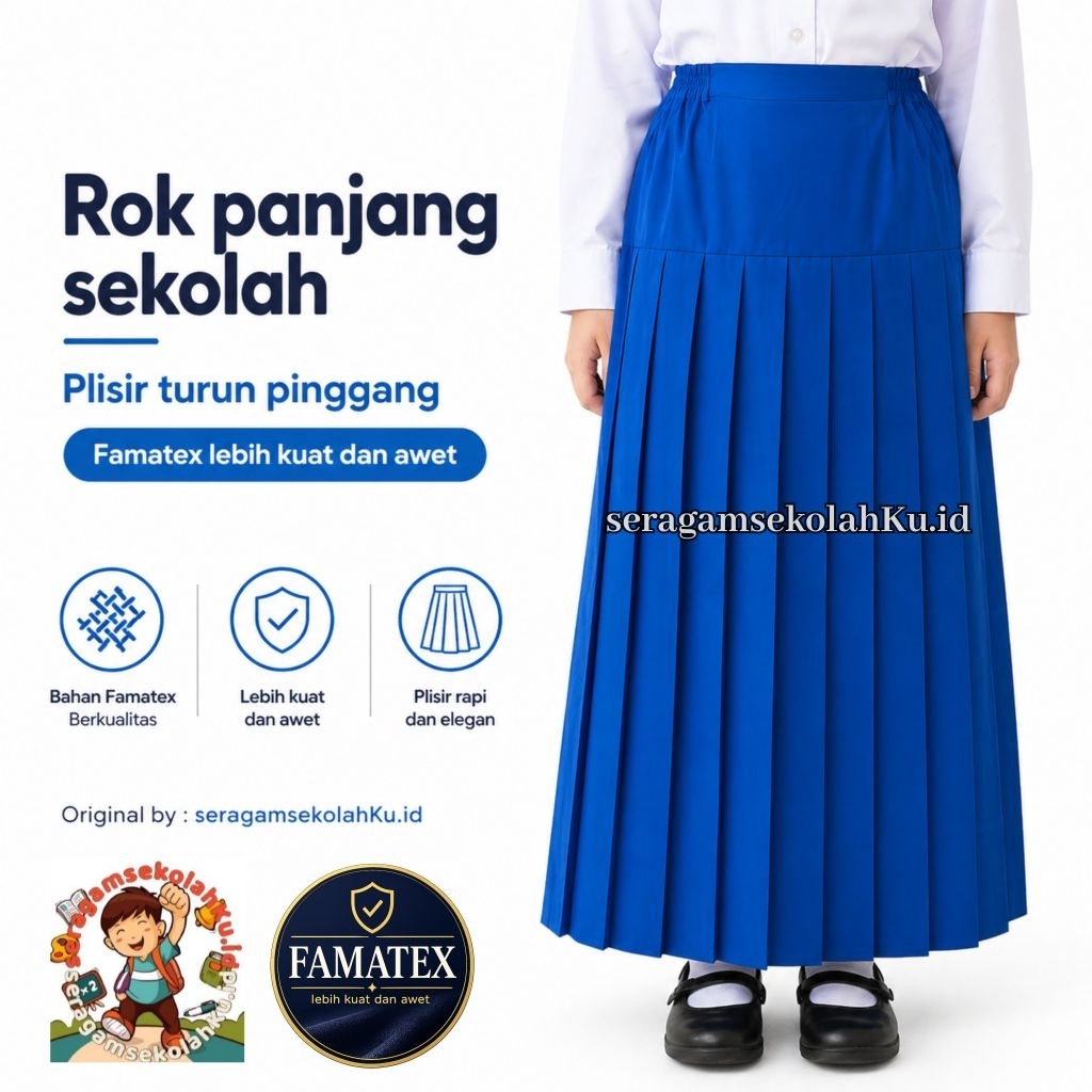 Rok Panjang Sekolah Biru Benhur Rok Plisir SD SMP SMA Turun Pinggang Meksi Pinggul Plisir Rempel War