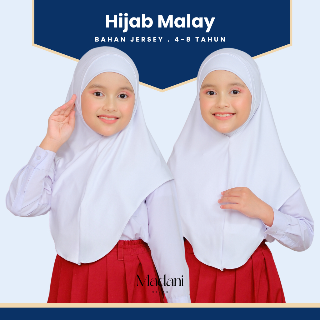 Madani Malay Kerudung Sekolah Anak Instan Bahan Jersey Lembut Free Ciput Size TK SD 4-8 Tahun
