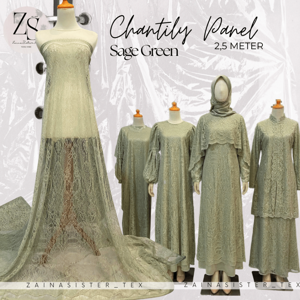 Kain Tile Brukat Chantilly Lace Panel Sage Green / Aimee Series/ Brokat Lace Santili Semi Prancis Me
