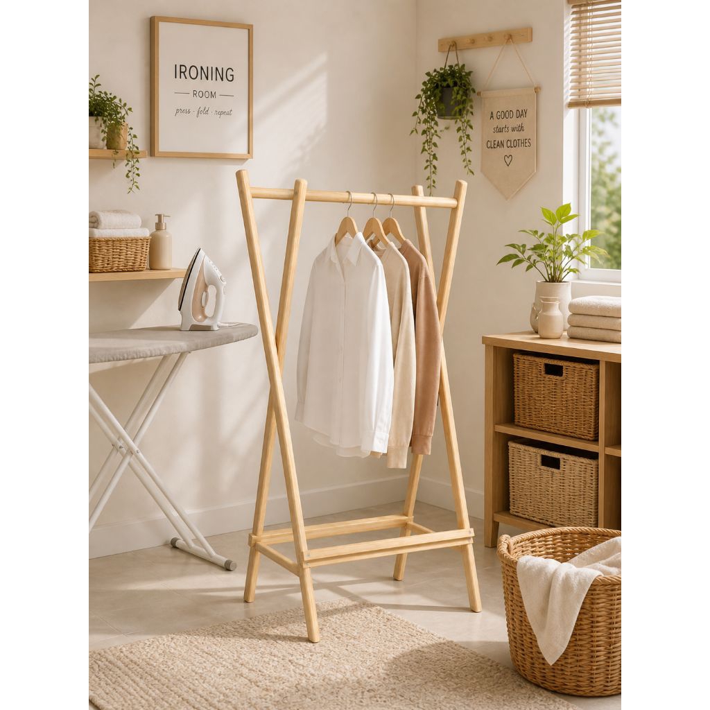 Gantungan Baju Kayu Minimalis Rak Jemuran Baju Standing Hanger Estetik Kuat Serbaguna