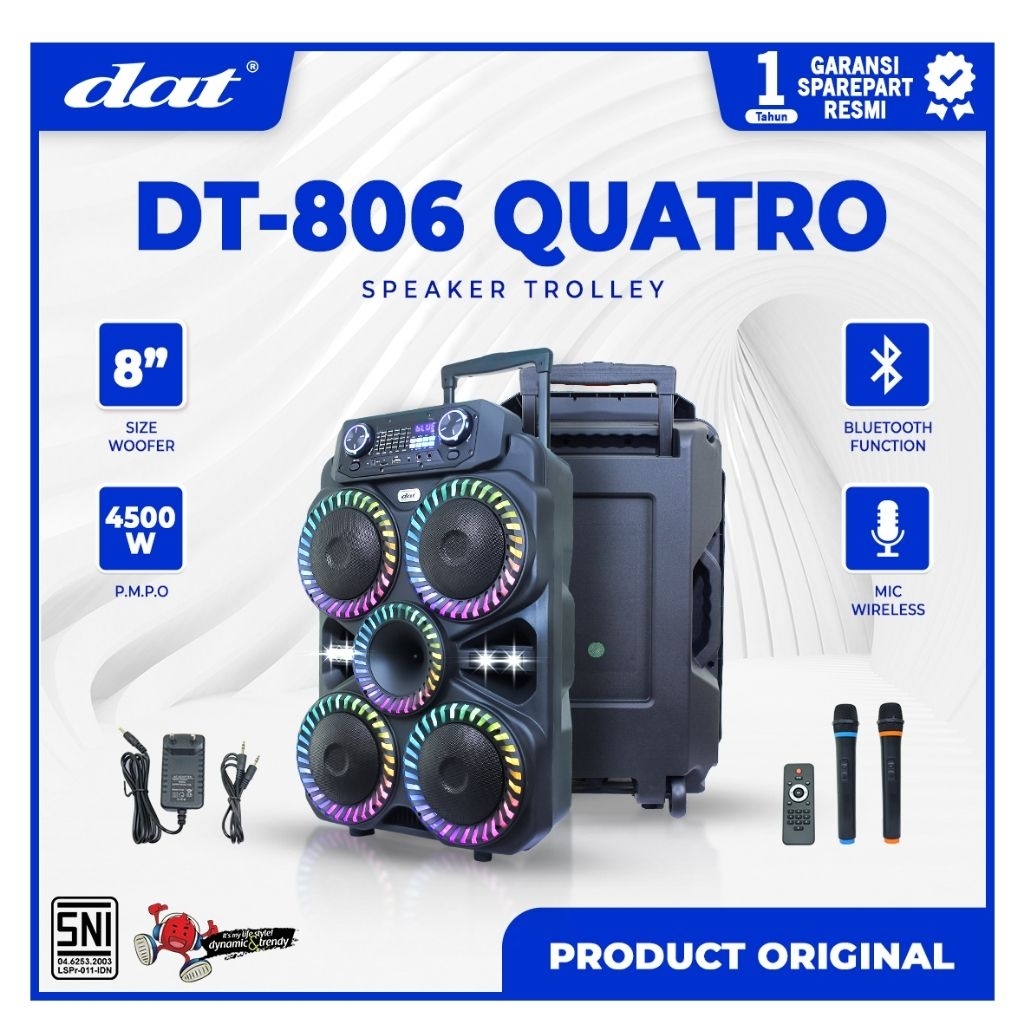 SPEAKER TROLLEY DAT TROLI DT806 DT 806 QUATRO 8 INCH 8" GARANSI RESMI RECHARGEABLE BISA DICAS DICHAR