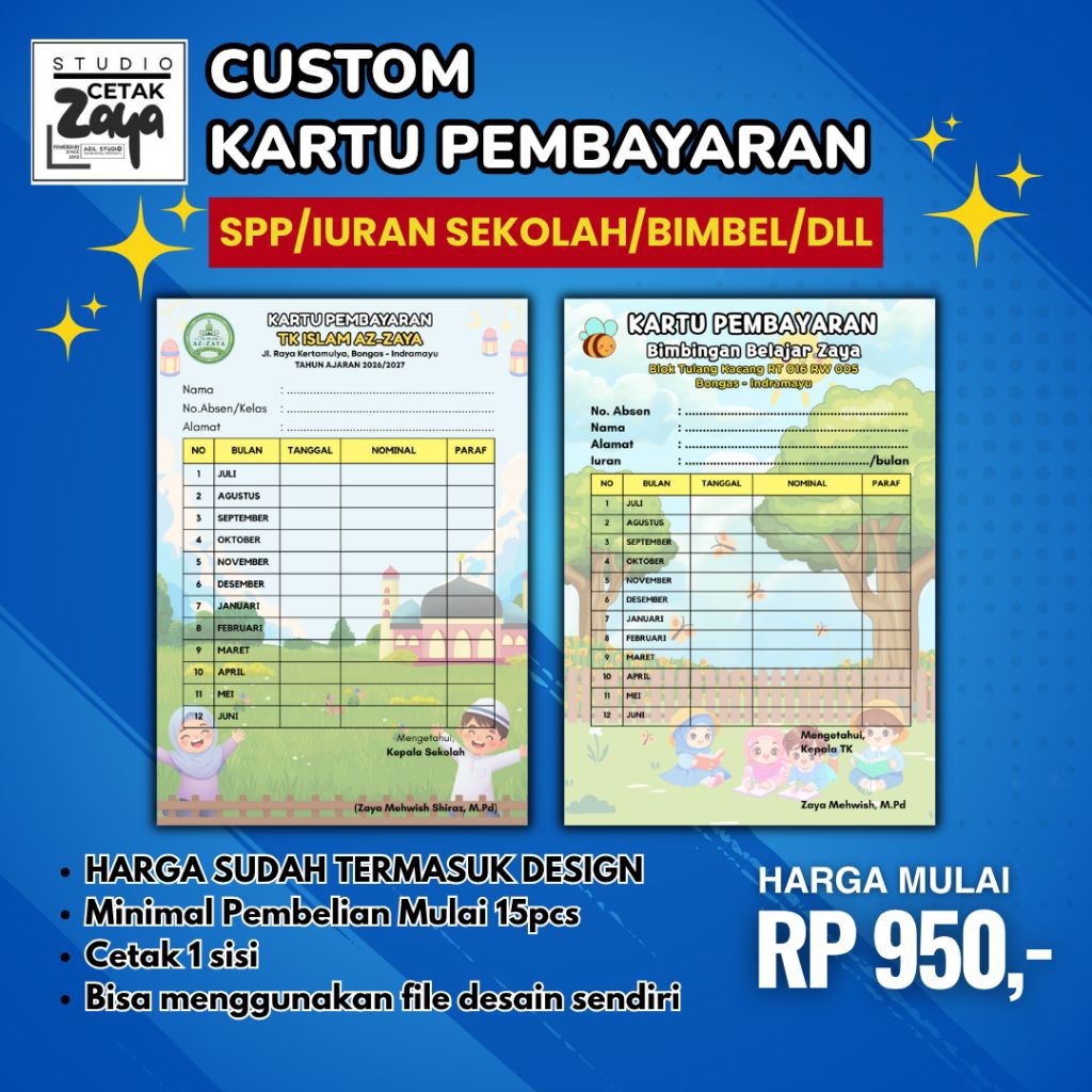 Kartu SPP Custom Iuran Sekolah Bimbel Les Kas Dll Satu sisi