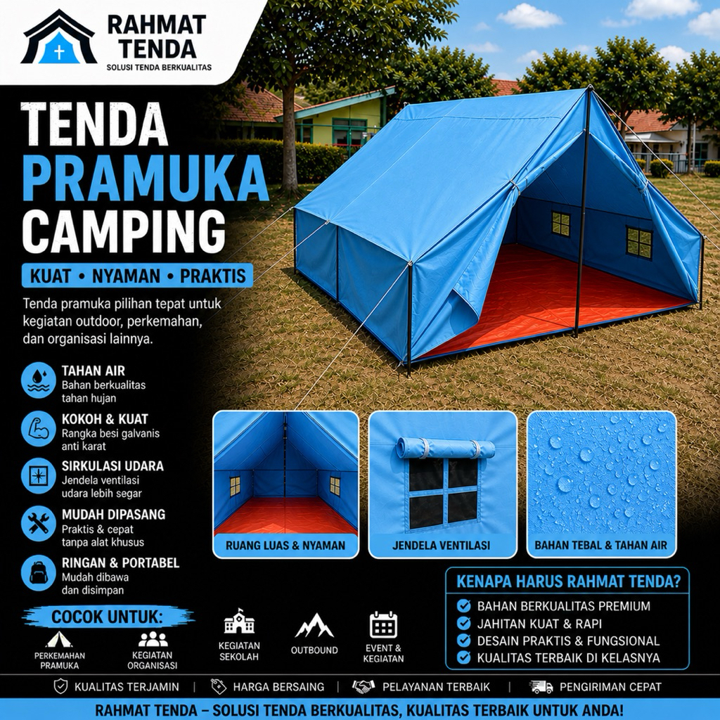 Tenda Pramuka 3x4 Meter - Bahan Polyester D300, Alas Terjahit, Tiang Besi Kokoh