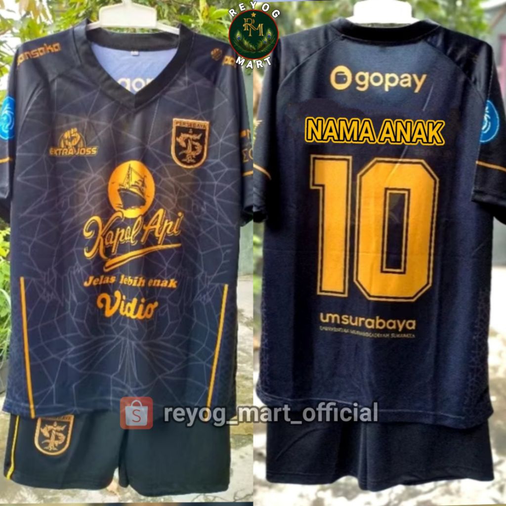 SETELAN JERSEY ANAK PERSEBAYA ALTERNATE HITAM GOLD PRINTING CUSTOM NAMA