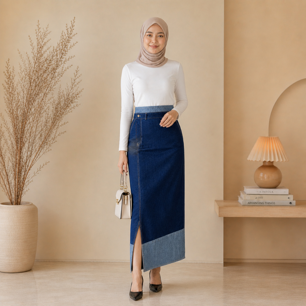 Rok Jeans Wanita Twotone Belah Samping Tesalo