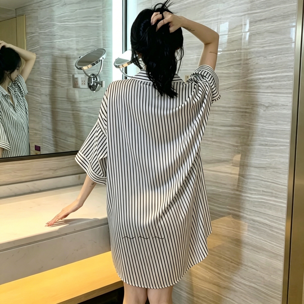 Dress Tidur Korea Wanita Kekinian/Piyama Dress Kemeja Sutra Es Jumbo Longgar Sleepwear Wanita
