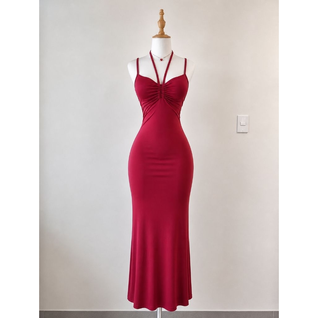 long dress wanita slim maroon elegan | long dresss slim merah maroon mewah | gaun slim merah maroon 