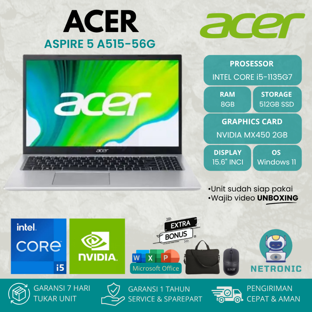 ACER ASPIRE 5 A515-56G CORE i5-1135G7 8GB  SSD 512GB MX450 BACKLIT 15.6"FHD