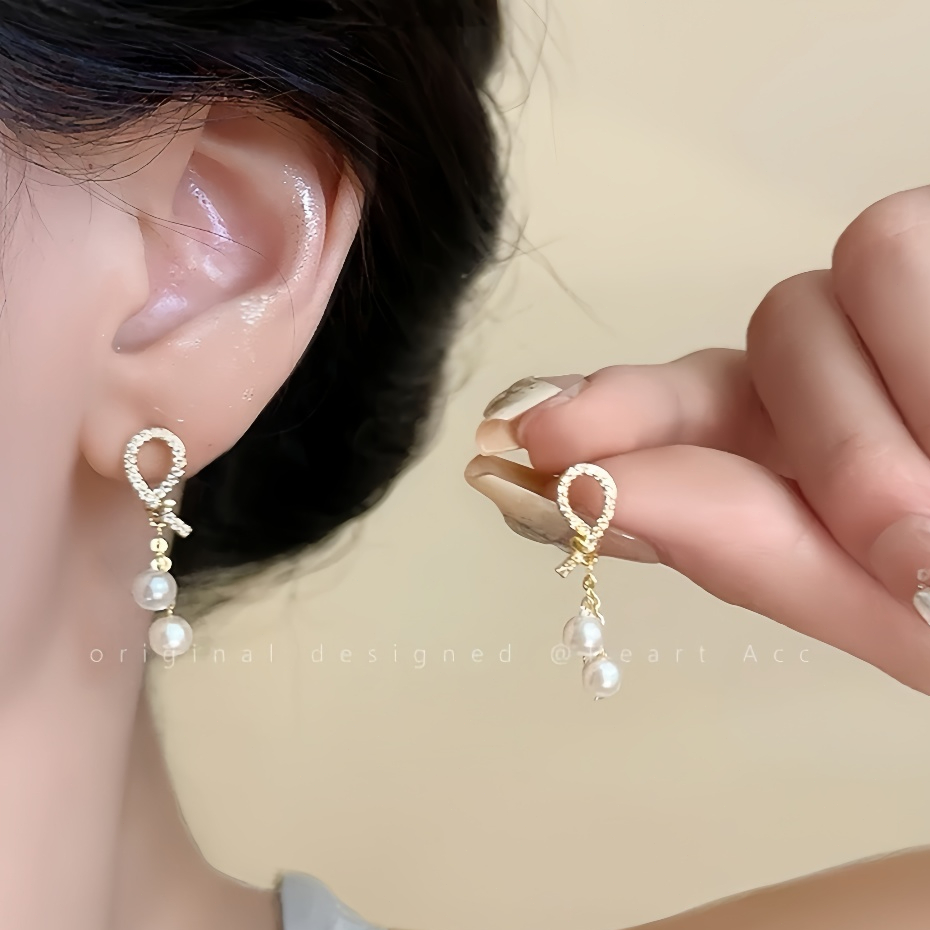July Perhiasan- Anting Liontin Mutiara Ganda dengan Pita Berlian COD