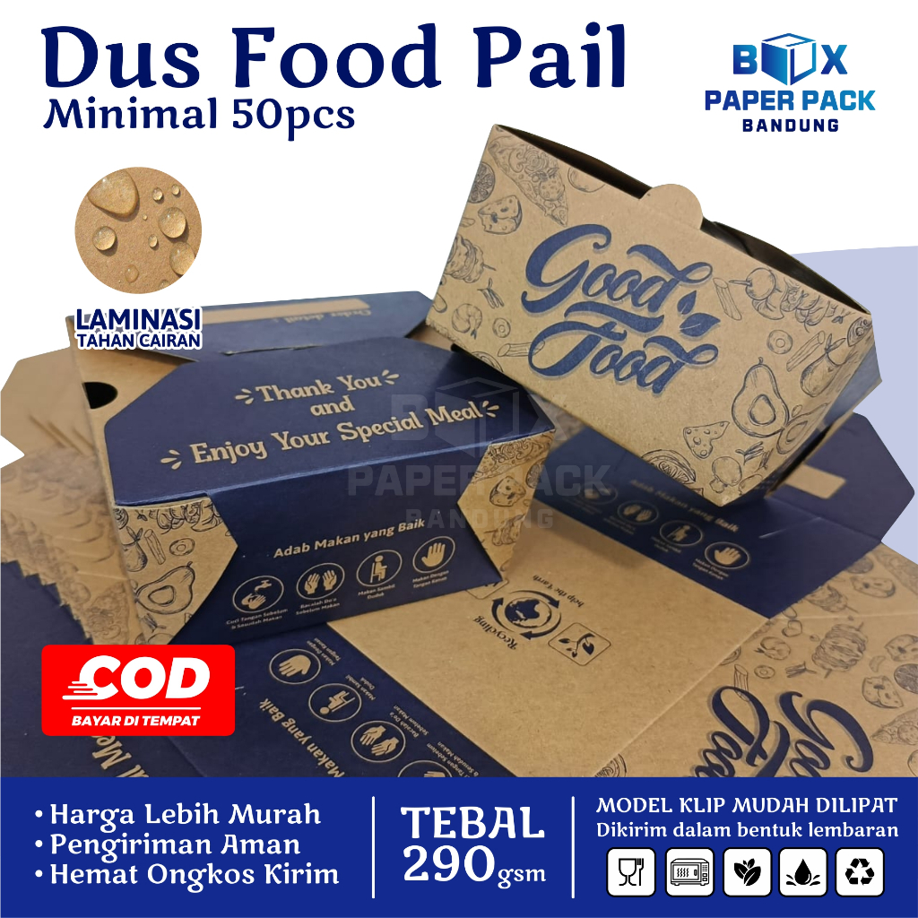 Food Pail Motif Rice Box 290gsm Paper Lunch Box Kertas Dus Makanan Takeaway Kraft Grosir