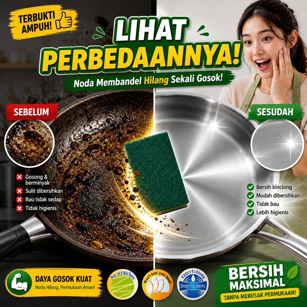 Sabut Cuci Piring Hijau Tebal | Spons Cuci Piring Spons Panci Wajan Penghilang Lemak Kerak Per PCS