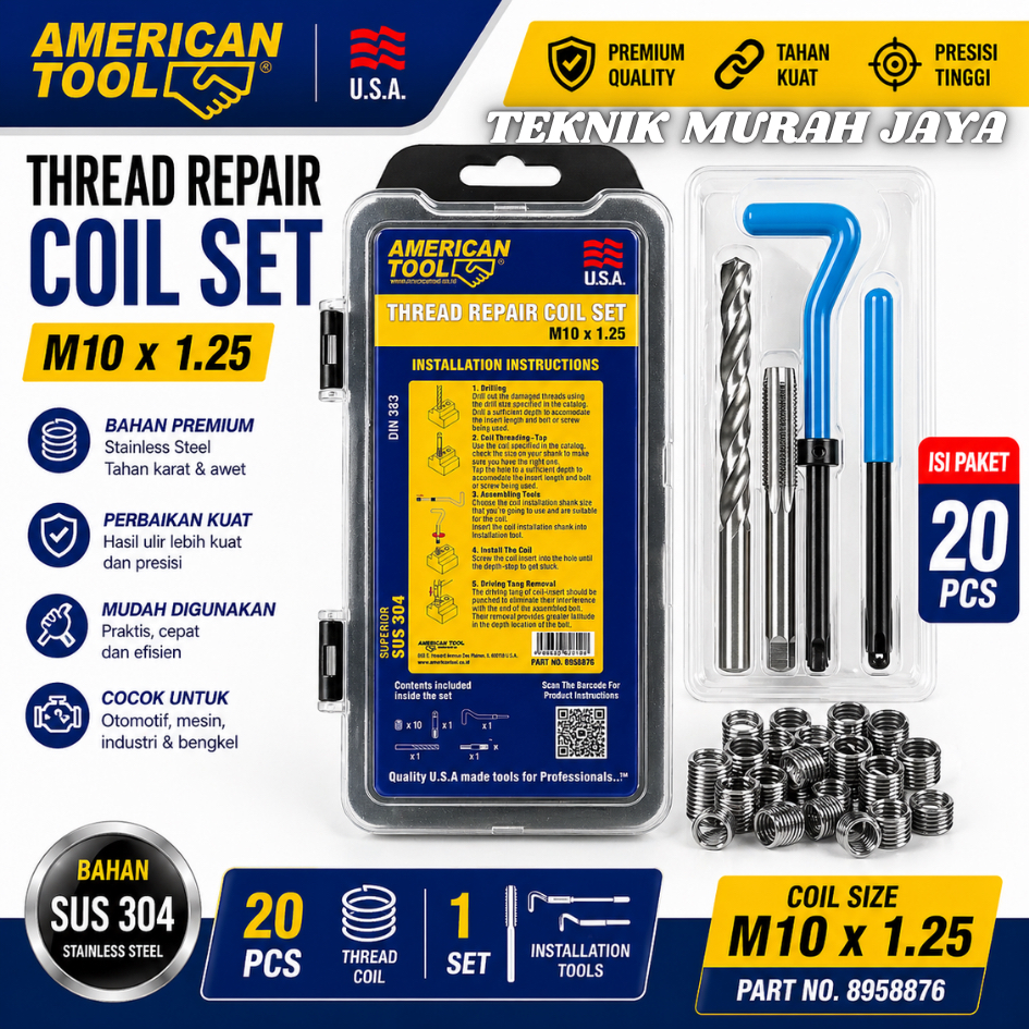 AMERICAN TOOL 8958876 COIL Thread Repair Kit PRO 20 pcs Set M10 X 1.25 - 2D Recoil Helicoil baut 10 